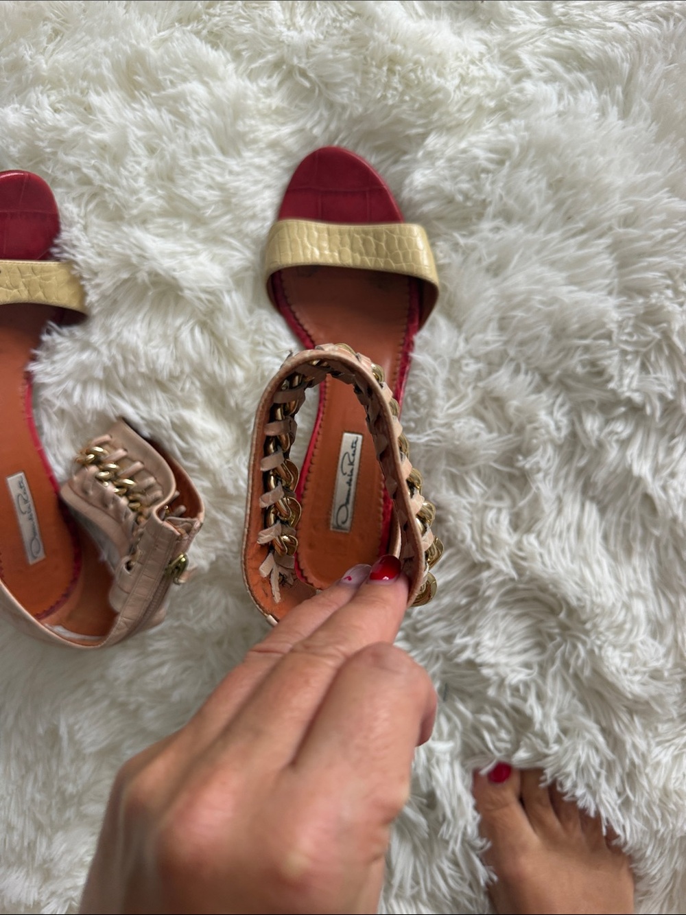 Oscar de la Renta Red, Gold and Tan Chain-Trim Sandals